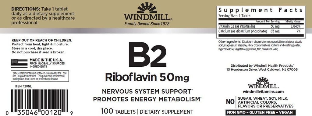 Windmill 비타민 B-2 50 mg 정제 - 100 ea (6 팩)