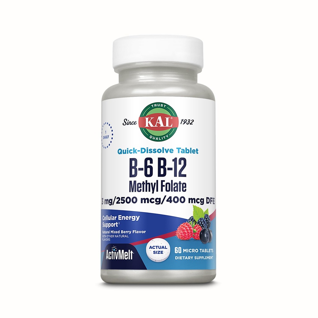 KAL 비타민 B-6 B-12 메틸 Folate ActivMelt, 비타민 B 보충교재, 심장 건강, 에너지와 메틸 B12와 DFE Folic 산, 자연적인 베리 풍미, 60의 서빙, 60의 마이크로 탭을 가진 빨간 혈액 세포 지원