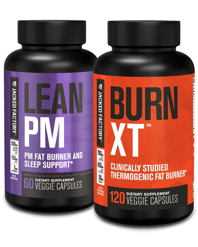 Jacked Factory Lean PM Night Time Fat Burner, 수면 보조 보충, & 식욕 억제 (60 캡슐) & 화상 XT 임상 스 터 드 지방 버너 및 체중 감량 보충 (120 캡슐)