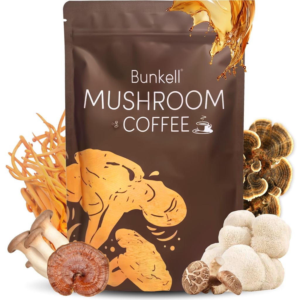 버섯 커피, Adaptogenic 6 Mushrooms with Lion's Mane, Reishi, Cordyceps, Shiitake, 킹 Trumpet & 터키 꼬리, 에너지, 소화 및 면역 지원을위한 인스턴트 커피 분말, 30 서빙