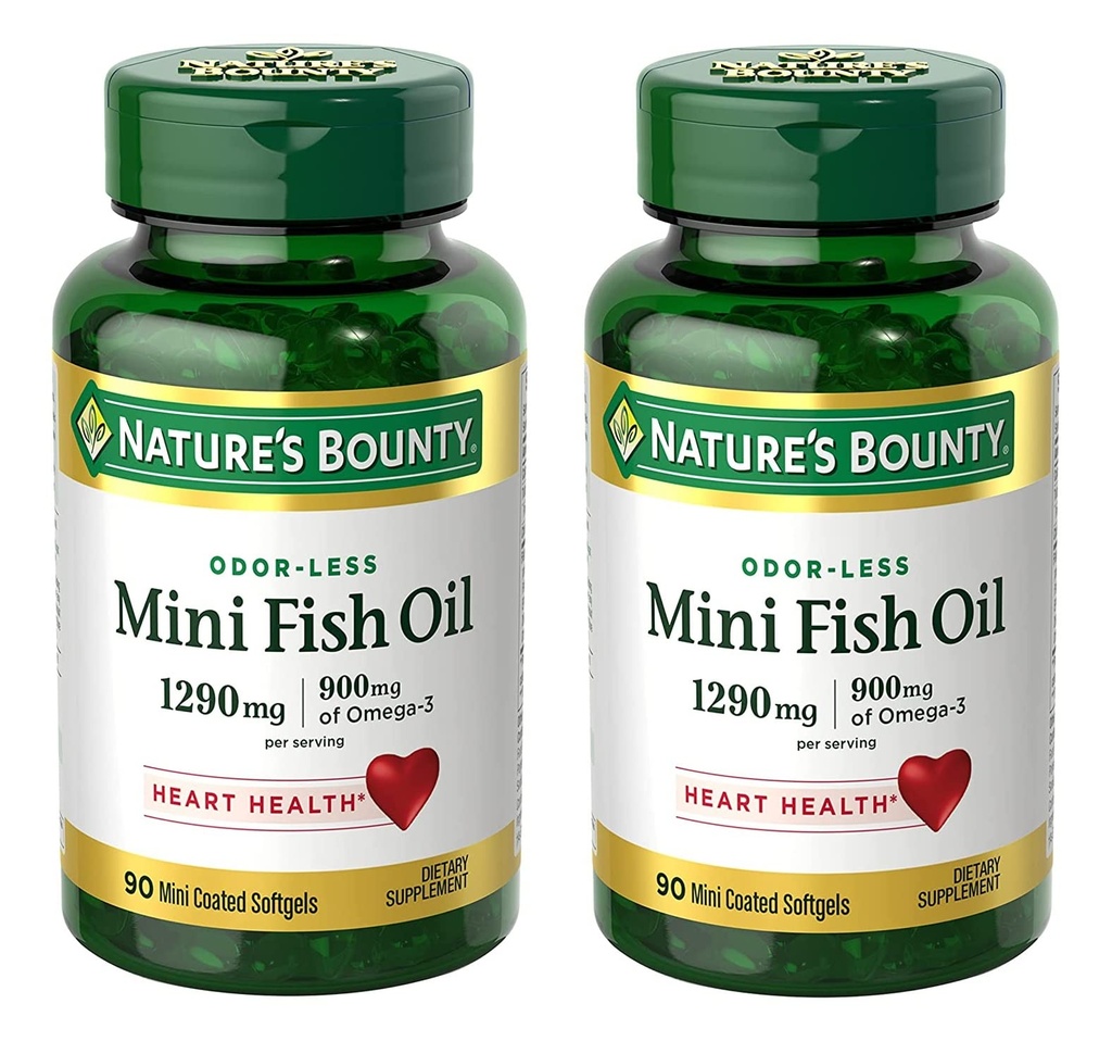 Nature's Bounty Mini Fish Oil Softgels 1290 mg, Omega-3, 지원 심장 건강, Odor-Less, 90 미니 코팅 Softgels - 팩 2