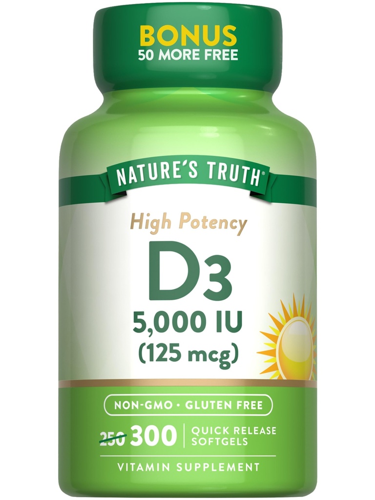 자연의 진실 비타민 D3 5000 IU (125 mcg) | 300 Softgels | 높은 효능 비타민 D | 비 GMO 및 글루텐 무료 보충