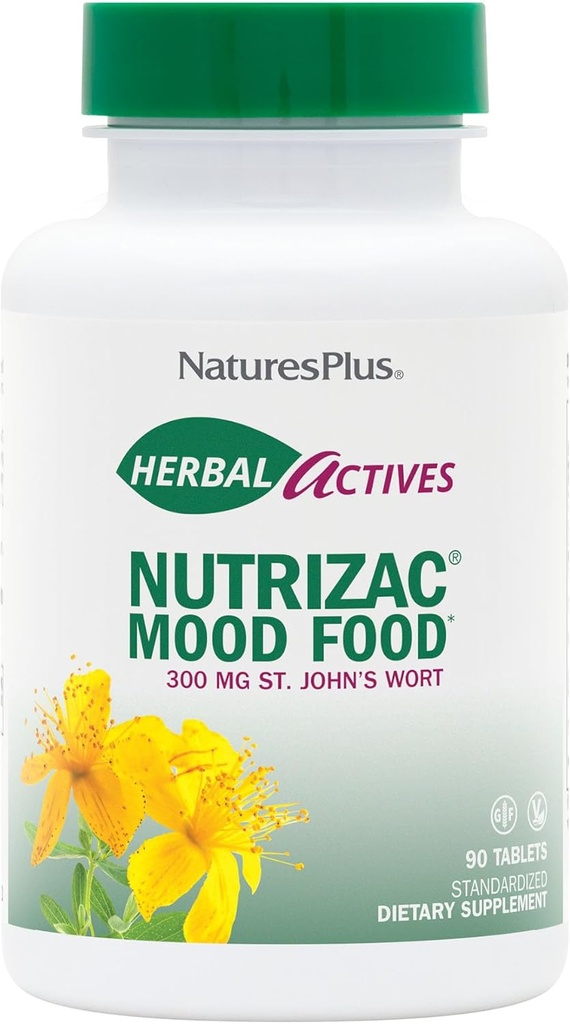 Natures Plus Herbal Actives NutriZAC Mood Food - 300 mg St Johns Wort, 90 Vegan Bi-Layered Tablets - 최대 Potency Natural Mood Booster - 채식주의 자, 글루텐 프리 - 90 서빙