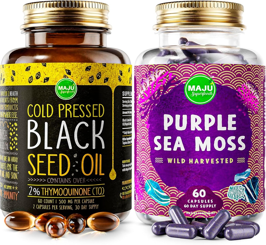 Maju Superfoods 검정씨 기름 캡슐과 자주색 바다 Moss 캡슐 뭉치