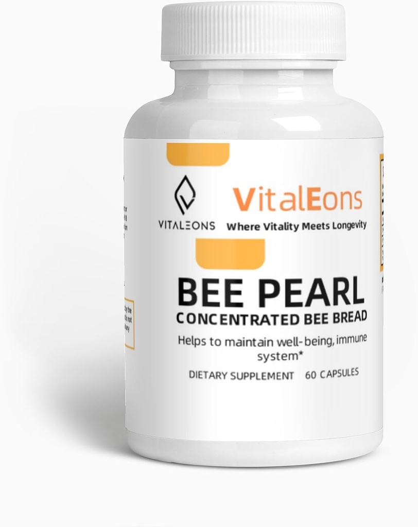 Bee Pollen Supplment - Bee Pollen, Propolis 및 Royal Jelly - Vitaleons Bee Pearl - 각 진주에는 비타민, 미생물, 폴리페놀 및 산화 방지제가 있습니다 (채식, 60 캡슐)