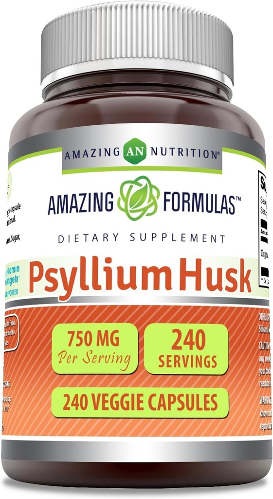 Amazing Formulas Psyllium Husk 750mg Veggie Capsules Supplement | Non-GMO | Gluten Free | Made in USA | 채식주의 적합(240 Count)