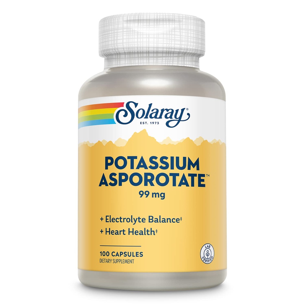 Solaray 칼륨 Asporotate Chelated 보충교재, 전해질 균형 & 심장 건강 지원, 100개의 서빙, 100개의 캡슐