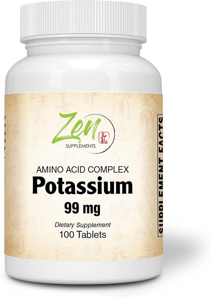 Zen Supplements - 칼륨 99 mg (아미노산) 100-Tabs - 유체 및 전해질 균형 공식 - 심장, 신경 및 근육 기능 지원