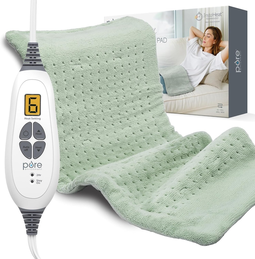 Pure Enrichment PureRelief XL Heating Pad - 12" x 24" Back Pain & Cramps, 6 Heat Settings, FSA/HSA Eligible, Soft Machine Wash Fabric, Auto-Off & Moist Heat (Zen Green)의 전기 가열 패드
