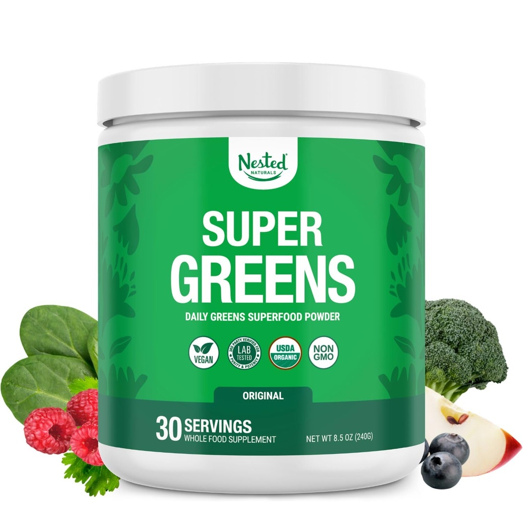 Nested Naturals Super Greens Daily Superfood Powder - 공인 된 USDA 유기농 녹색 분말 w / 20 + 전체 식품, Spirulina 분말, 밀 및 보리 잔디 - Probiotics, 섬유 및 효소 - 원래 풍미, 30