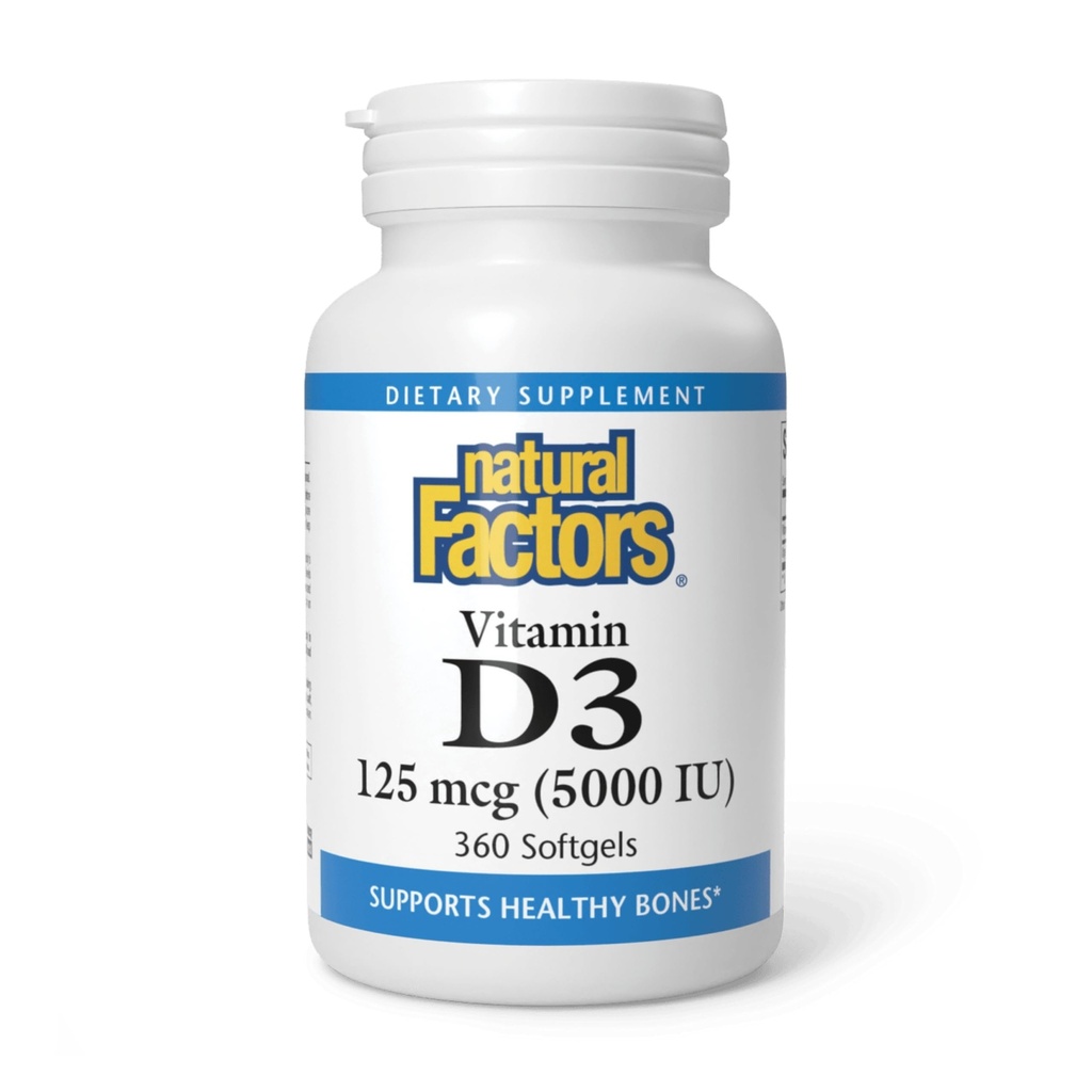 자연적인 요인, 비타민 D3 5000 IU (125 mcg), 지원 강한 뼈, 근육 및 면역 기능, 360 Softgels