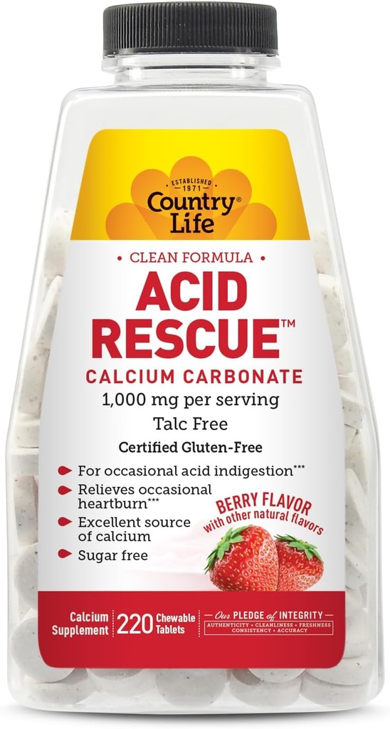 Country Life Acid Rescue Chewable Tablets - 공인 된 Vegan & Gluten-Free Heartburn Relief, 400mg 칼슘 및 마그네슘, Non-GMO, Sugar-Free Mint 맛, Bone 건강 지원, 220 조사
