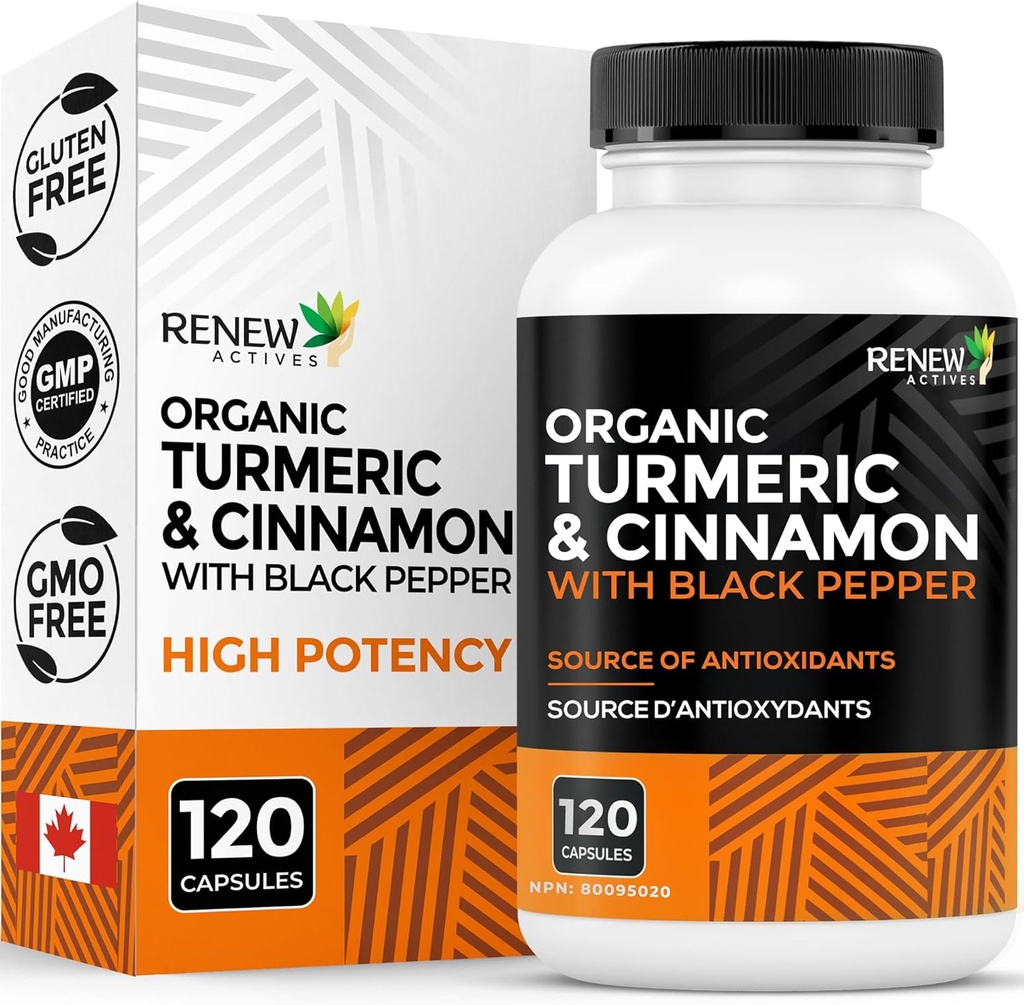 Renew Actives Organic Turmeric 474MG & Cinnamon 50MG per 2 캡슐 - 흡수를위한 Curcumin & BioPerine - 지원 Metabolism, 합동 건강 및 소화 - 캐나다에서 만든 - 120 캡슐