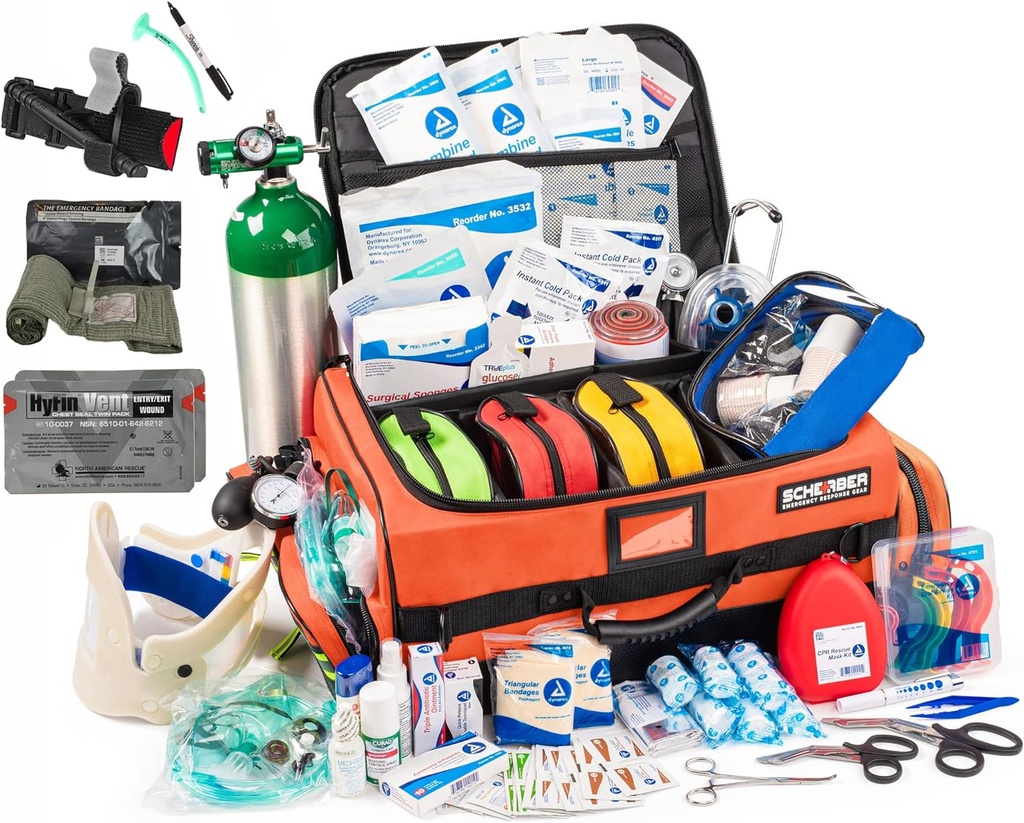 Scherber 완전 스토킹 프리미엄 First Responder Bag | HSA/FSA 승인 | 대형 프로 EMT/EMS 트루마, 브레이딩 및 산소 의료 키트 | CAT 투어니케, HyFin Chest Seal & 260+ First Aid Supplies (Orange)