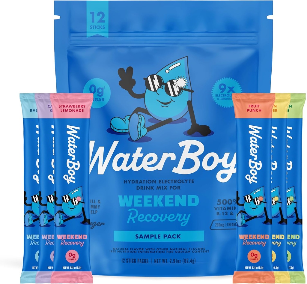 Waterboy 주말 복구 샘플 팩 | 3,200mg Electrolyte 분말 패킷 | 생강 + L-Theanine + 비타민 | 설탕 없음, 모든 자연, 글루텐 무료 | 12 음료 스틱 혼합 (샘플 팩)