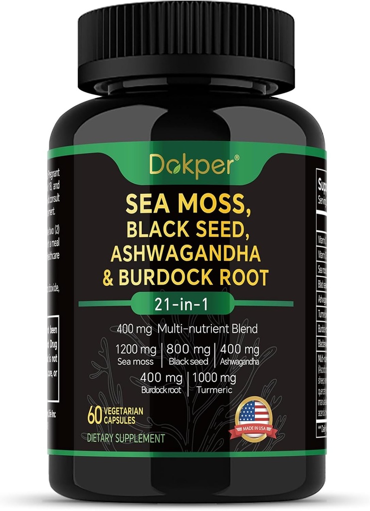 Sea Moss, Ashwagandha, Black Seed Oil Supplement, Turmeric, Bladderwrack 및 Burdock Root, Men & Women 60 캡슐, Dietary Supplements, 1의 자연 초본 지원
