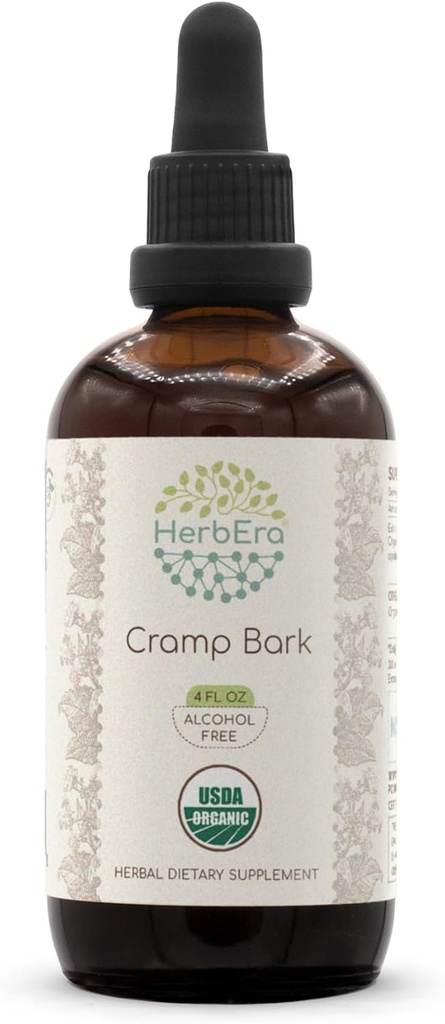 HerbEra Cramp Bark B120 USDA Organic Tincture | 알코올 프리 추출물, 고순도 초본 드롭 | 인증 유기농 크림 벌크 (Viburnum Opulus) 말린 벌크 (4 fl oz)