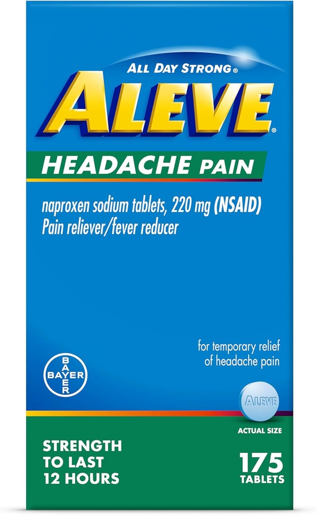 Aleve Headache Pain Reliever & Fever Reducer Tablets, Naproxen Sodium, Headache, 성인을위한 통증 의학, 두통 통증 완화 알약, 175 조사
