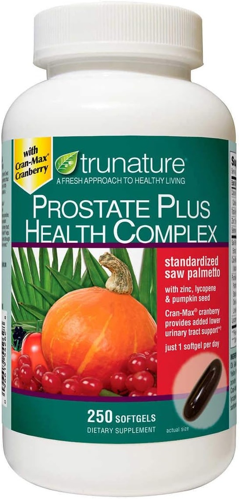 TruNature Prostate Plus Health Complex - 아연, 리코펜, 호박 씨앗 - 250 Softgels와 함께 Palmetto를 보았습니다.