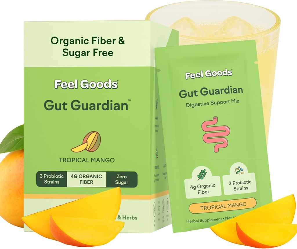 좋은 Gut Guardian, 유기 섬유, Probiotic & Prebiotic 분말, 설탕 무료, Bloat, Gut 건강 지원을위한 허브, 남성 및 여성을위한 소화 건강, 비 GMO, Vegan, Tropical Mango, 15 서빙