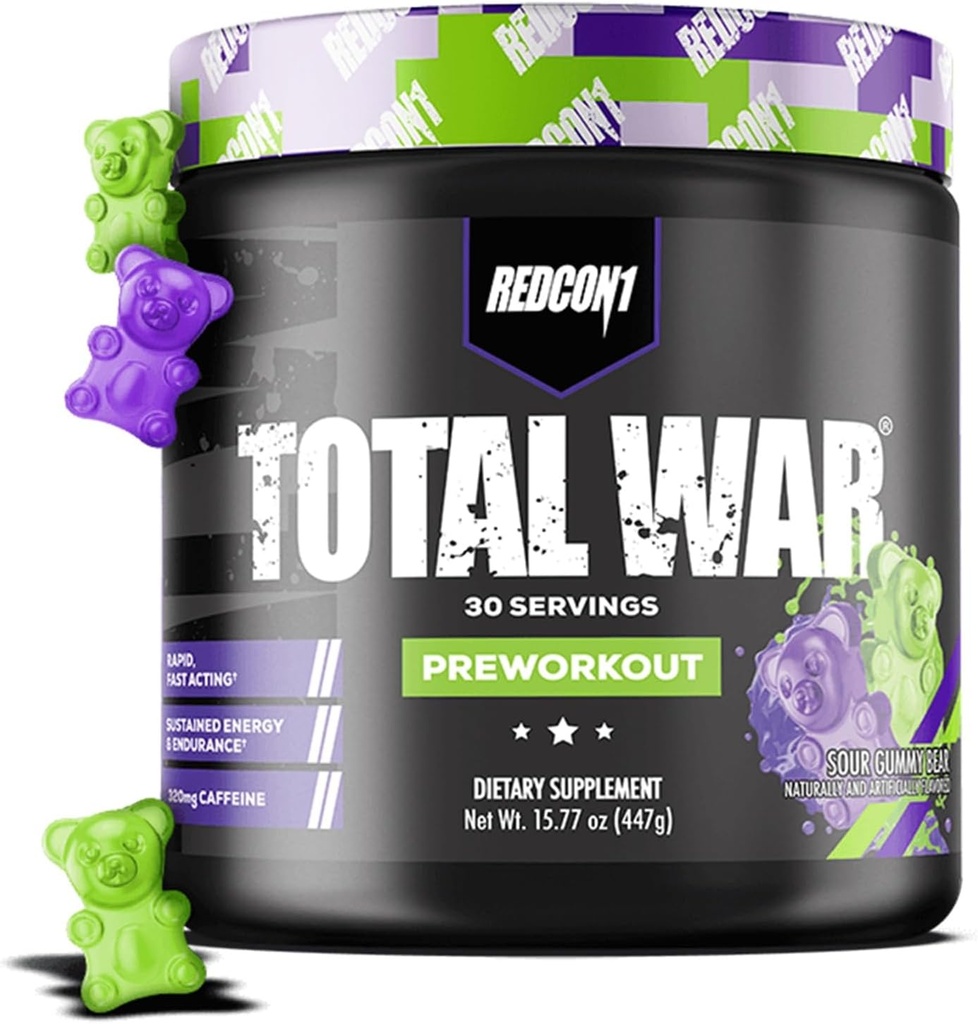 REDCON1 Total War Pre Workout, Sour Gummy Bear - Green Tea, Juniper & Beta Alanine의 Caffeine의 320mg을 함유합니다 - 펌프, 에너지 + 내구시간 (30 인분)