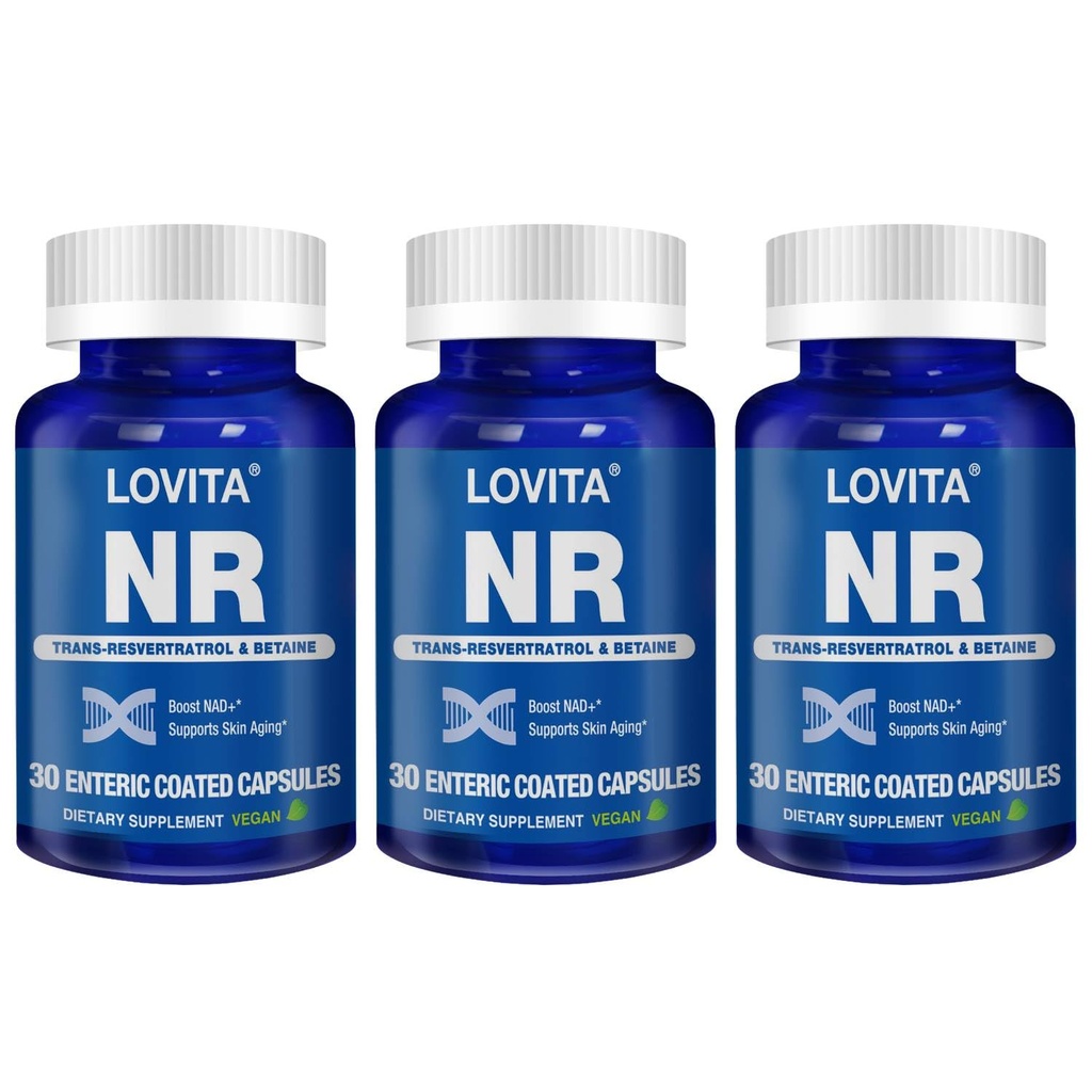 Lovita NR (Nicotinamide Riboside) 350 mg, Trans-Resveratrol 및 Betaine와 NAD 보충, 촉진 NAD 플러스 수준, 건강한 노후화, 30 Vegan Enteric 코팅 캡슐 (포장 3)