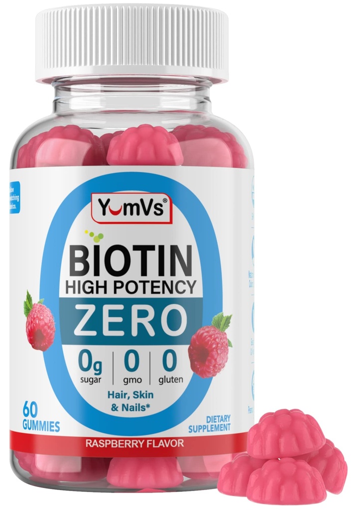 Biotin Gummies Sugar Free - 5,000 mcg 헤어, 피부 및 손톱을위한 높은 효능 Biotin - Zero Sugar, Non-GMO, Gluten Free, Vegan Raspberry Gummies - 60 카운트