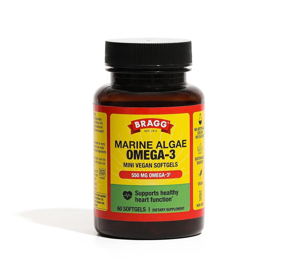 DHA와 EPA를 가진 Bragg Omega-3 보충교재 캡슐 - 60 Vegan Softgels - 지속가능한 근원 바다 조류 - 지원 눈과 두뇌 건강