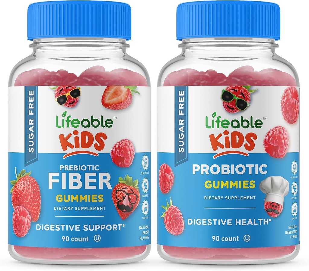 Lifeable Sugar Free Preciotic Fiber Kids + Probiotic + Prebiotic Fiber Kids, Gummies Bundle - 훌륭한 타스팅, 비타민 보충, 글루텐 무료, GMO 무료, Chewable Gummy