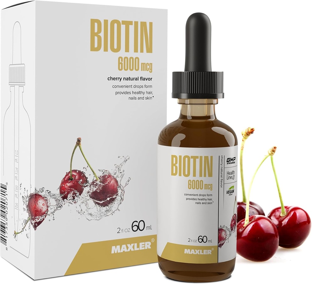 Maxler 액체 Biotin Drops - 머리 피부와 손톱을위한 Vegan Biotin 비타민 - 탄수화물, 단백질 및 지방의 대사를위한 Biotin 보충 - 봉사 당 Biotin 액체의 6000mcg - 체리 맛