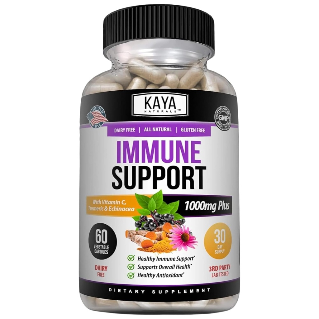 Kaya Naturals Elderberry Immune 지원, 성인 비타민, Probiotics 및 Turmeric 1000mg 면역 체계 부스터 Sambucus 캡슐 - 60 조사를 위한 아연과 비타민 C를 가진 Elderberry
