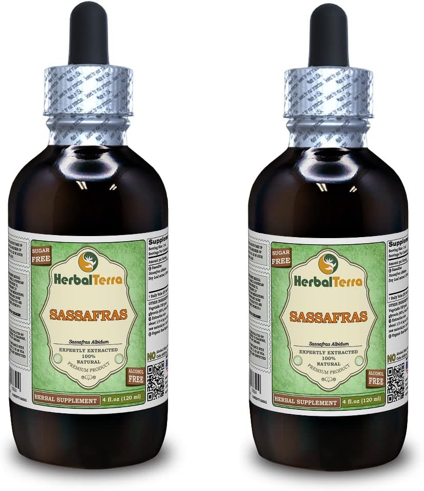 유기 Sassafras (Sassafras Albidum) 글리세라이트, 건조 정제 알코올 무료 액체 추출 (브랜드 이름: HerbalTerra, Proudly Made in USA) 2x4 fl.oz (2x120 ml)