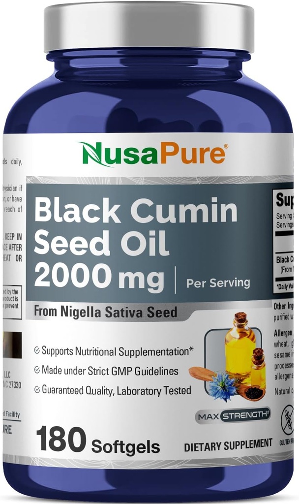 NusaPure 검정씨 기름 서빙 당 2000mg - 180 Softgel 모자 (비 GMO, 글루텐 자유로운) 찬 압박되는 Nigella Sativa