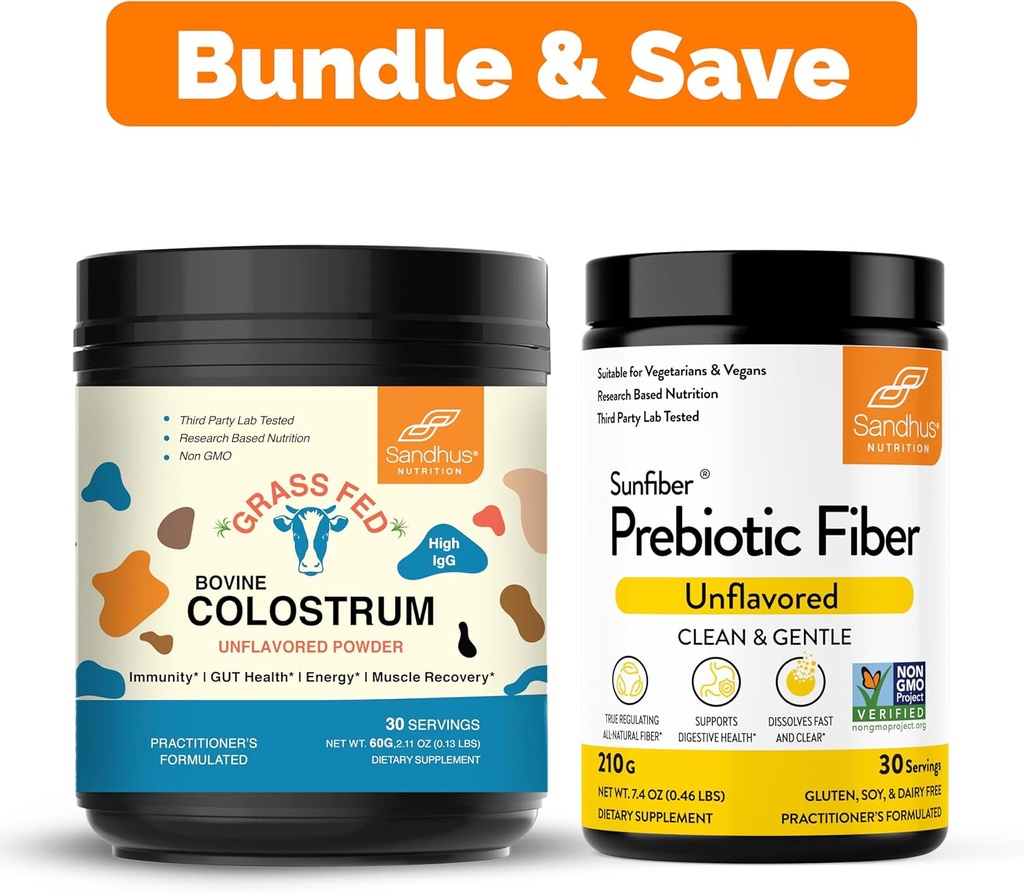 Sandhu의 순수한 Bovine Colostrum 분말 보충 인간 30 서빙 & Prebiotic 섬유 보충교재 분말| Immune, Gut, Digestive & Colon Health 서포트
