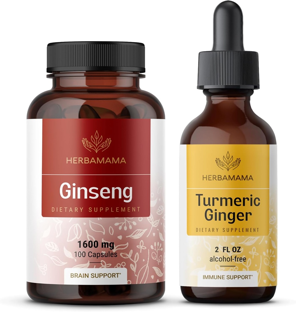 HERBAMA Korea Red Ginseng and Turmeric Ginger Kit - 한국 Panax Ginseng 캡슐 및 Turmeric Ginger Liquid Drops의 번들 - Vegan, Non-GMO, Sugar & Alcohol-Free - 2 Pack