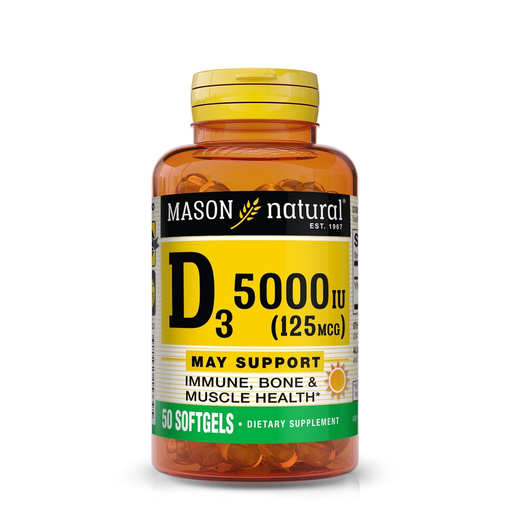 MASON NATURAL 비타민 D3 125 mcg (5000 IU), 지원 뼈, 근육 & Immune 건강, 물고기 생강에서, 50 Softgels의 팩 3