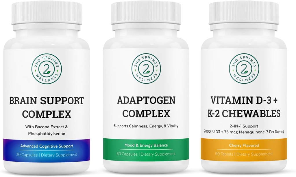 Vitality & Mind Wellness Trio 번들 - 뇌 지원 단지, Adaptogen Complex 및 비타민 D3 + K2