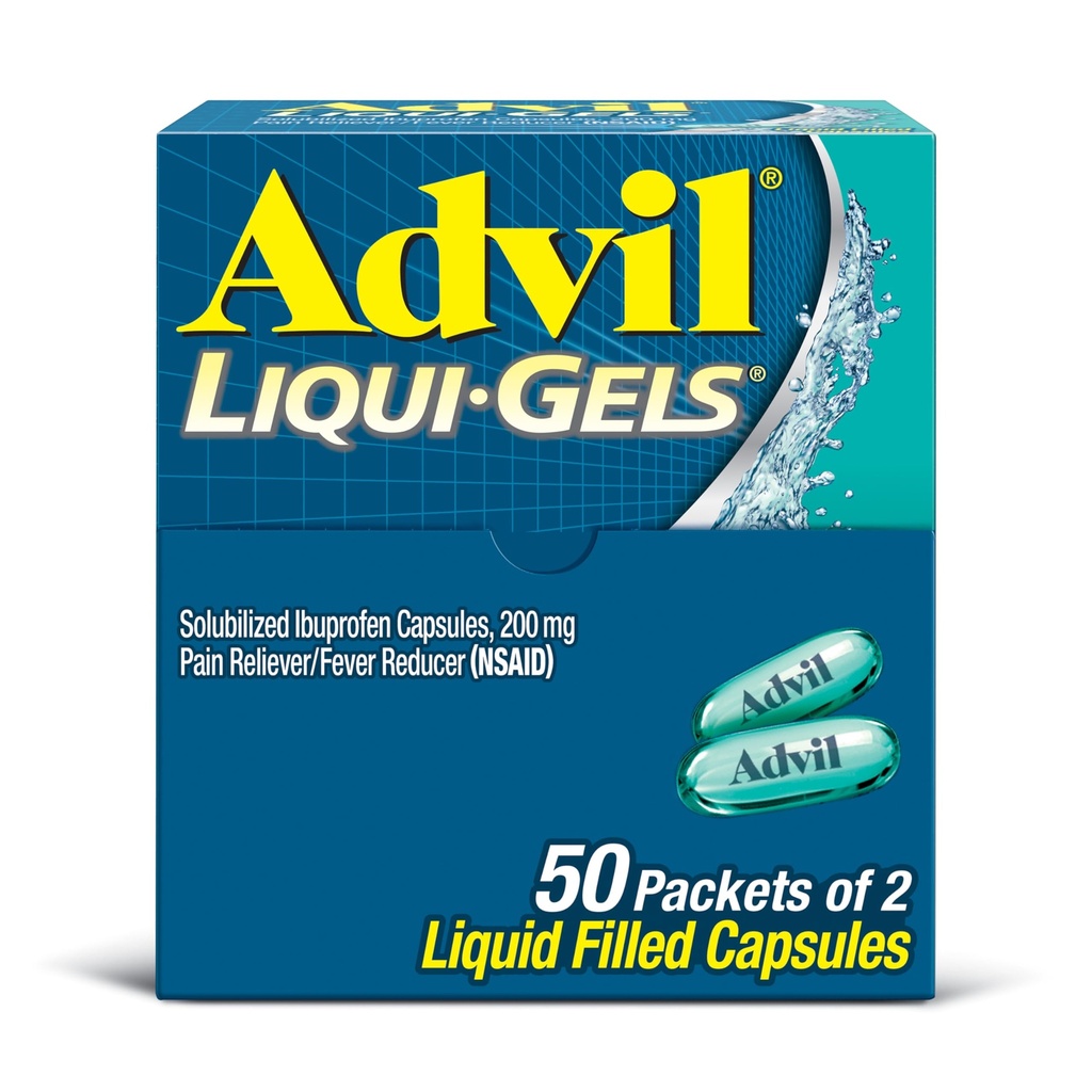 Advil Liqui-Gels Pain Reliever와 Fever Reducer, 두통, 허리 통증, 생리통 및 관절 통증 완화를위한 Ibuprofen 200mg 성인을위한 통증 의학 - 50x2 액체 채워진 캡슐