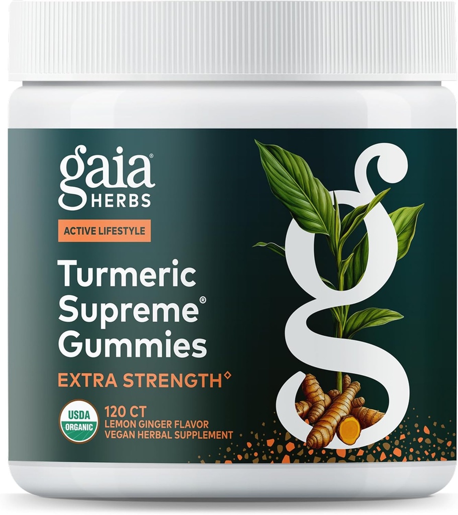 Gaia Herbs Turmeric Supreme Extra Strength Gummies - Active Lifestyle - Lemon Ginger flavor - 120 Vegan Organic Gummies (40-Day Supply)를 유지하기 위해 Swelling Relief를 지원합니다.