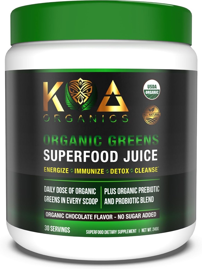 Greens Superfood Juice Powder - Spirulina, Chlorella, Matcha, Wheat Grass, Digestive Enzymes & Probiotics와 함께 USDA 유기농 슈퍼 그린 파우더 - 초콜릿 풍미 -30 Serv