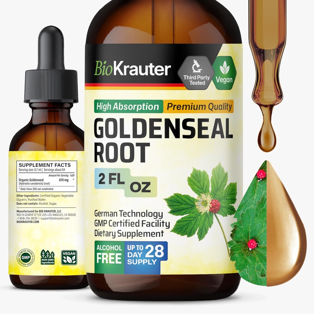 BIO KRAUTER Goldenseal 뿌리 추출물 액체 - 채식 호흡 지원 - 골든 씰 드롭 - 알코올 및 설탕 무료 - 2 Fl.Oz.