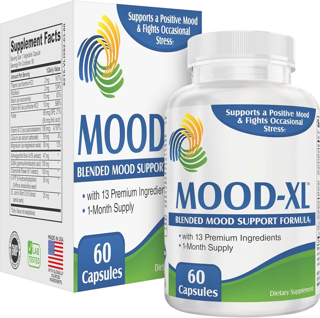 Mood-XL : 30 일 무드 지원 보충 (All-in-1 Blend) 13 활성 성분으로 | 건강한 무드 보충제 및 비타민 | 1 개월 공급 | 60 캡슐