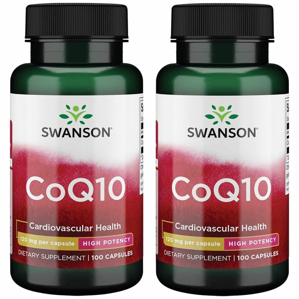 Swanson CoQ10 - 심장 건강, 에너지 지원 및 보조 전반적인 심장 혈관 시스템 건강을 촉진하는 데 도움이 - Coenzyme Q10 보충을 유지 - (100 캡슐, 120mg 각각) (2 팩)