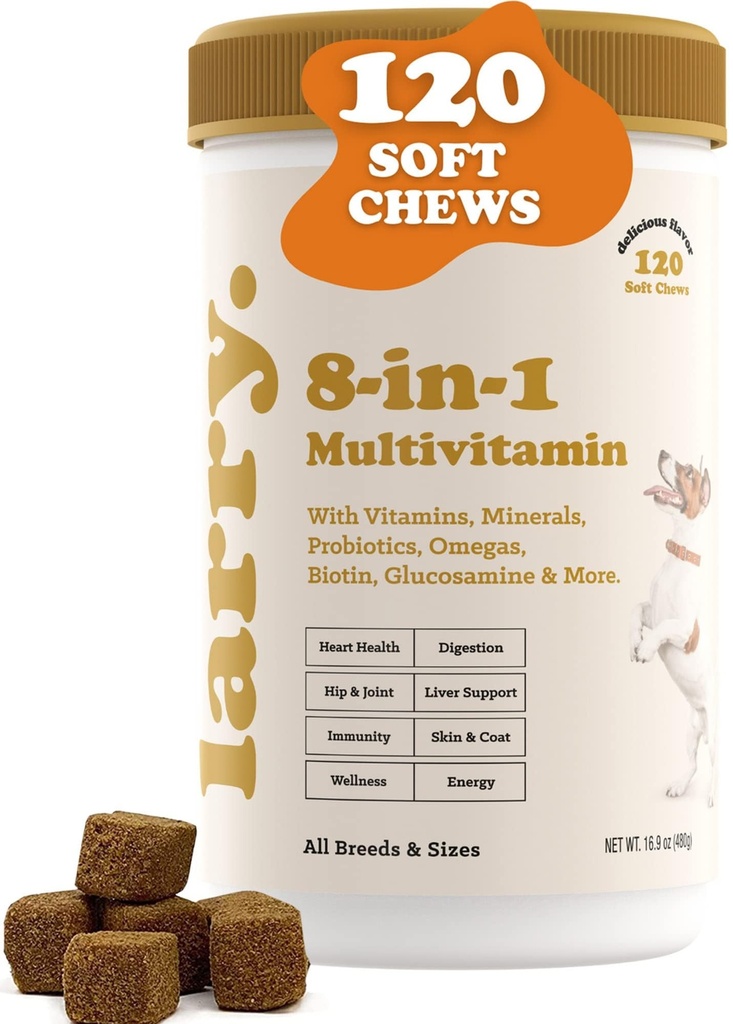 8-in-1 Multivitamin Dog Supplement by Larry | Heart, Digestion, Liver, Skin, Coat, & Joint Support Supplement for Dogs | 비타민, 미네랄, 오메가, & 글루코사민 Chondroitin | 120 소프트 체스