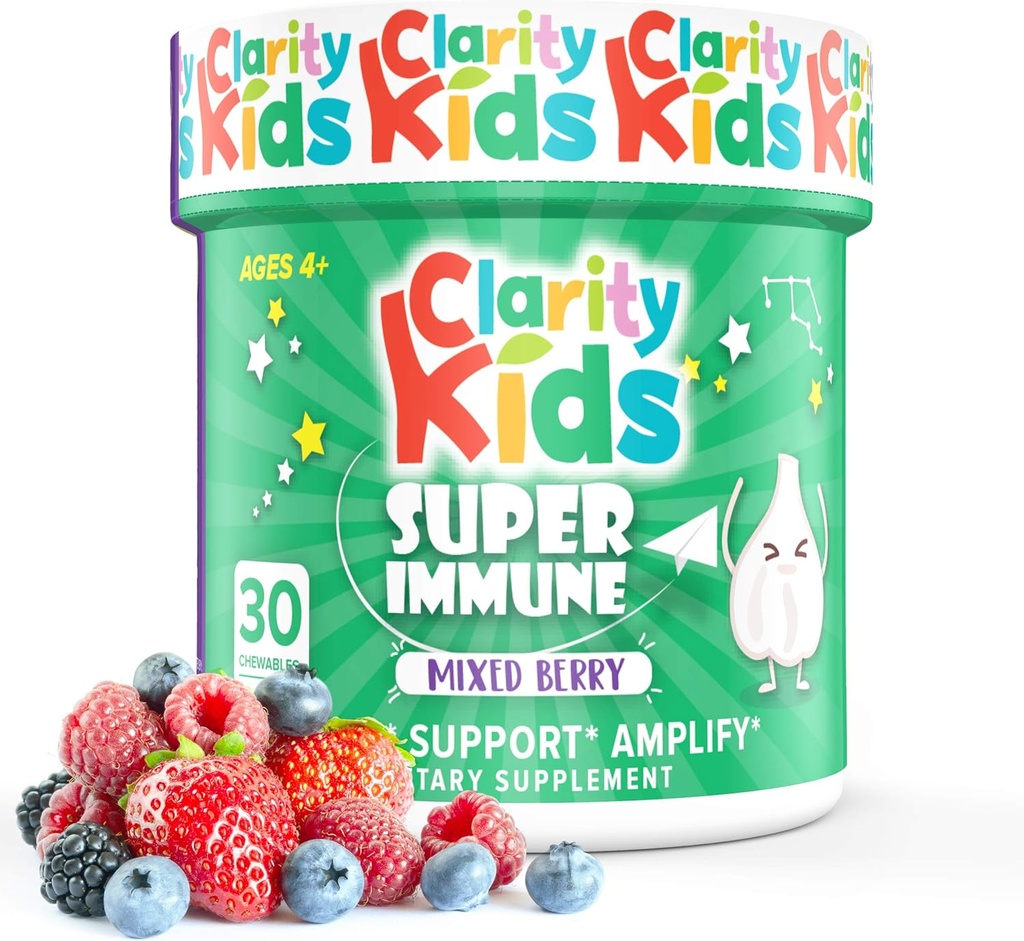 Clarity Kids Super Immune Support | Elderberry Extract, Vitamin C, Probiotics & Zinc for Children | 건강한 구트를 위한 모든 천연 키드 보충 | 미국 제작 가능 | 30 조각