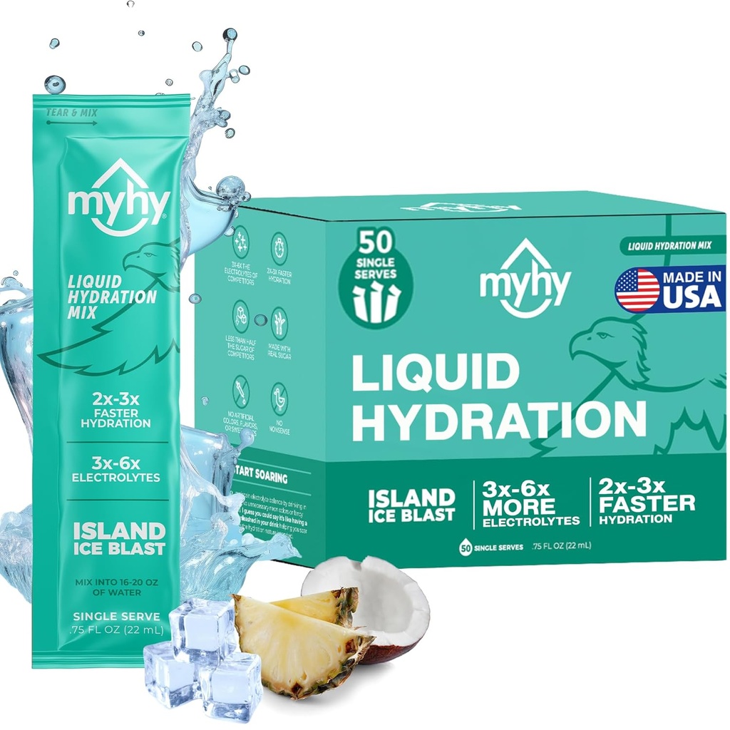 MyHy Liquid Hydration Packets, Electrolyte 음료 혼합 성인 & 아이 Hydration 지원, 여행, 임신, 피트니스, 학사 및 학사 파티를위한 탈수 완화 - 섬 얼음, 50 카운트