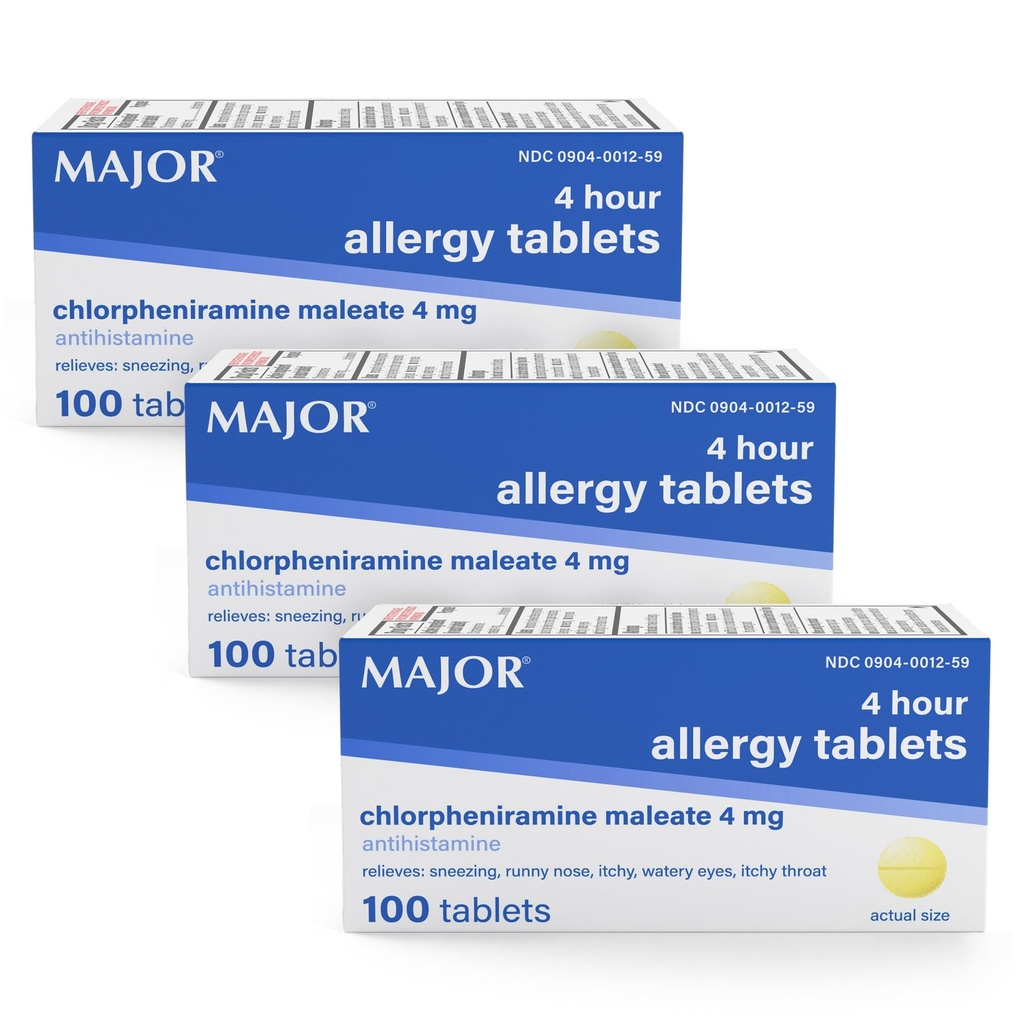MAJOR 4 Mg 알레르기 정제 - Chlorpheniramine Maleate 4-Hour Allergy Medicine - Sneezing, Itchy Watery Eyes, Itchy Throat 및 Runny Nose의 기복을위한 항히스타민 - 100 개 (3 팩)