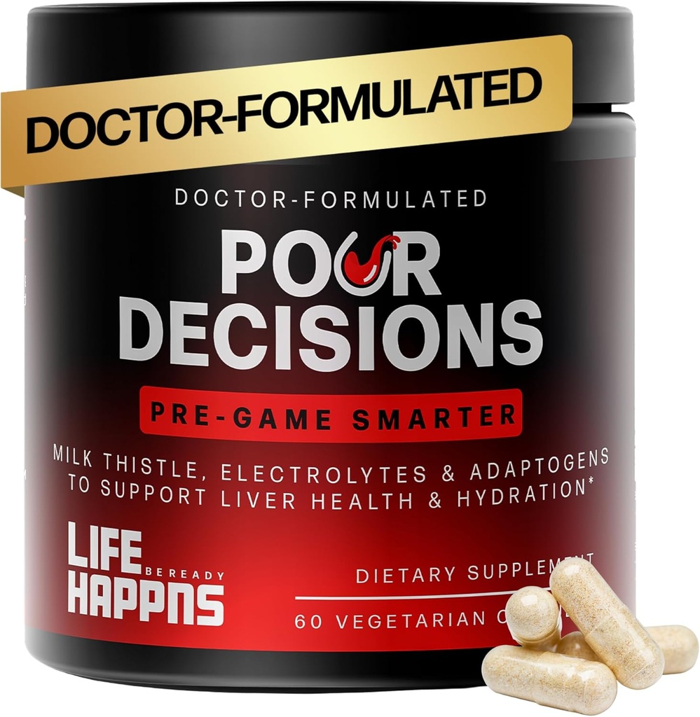 Life Happns Pour Decisions Liver Health Supplement with Milk Thistle, 비타민 B6, Electrolytes - 지원 Hydration 및 회복, 60 캡슐