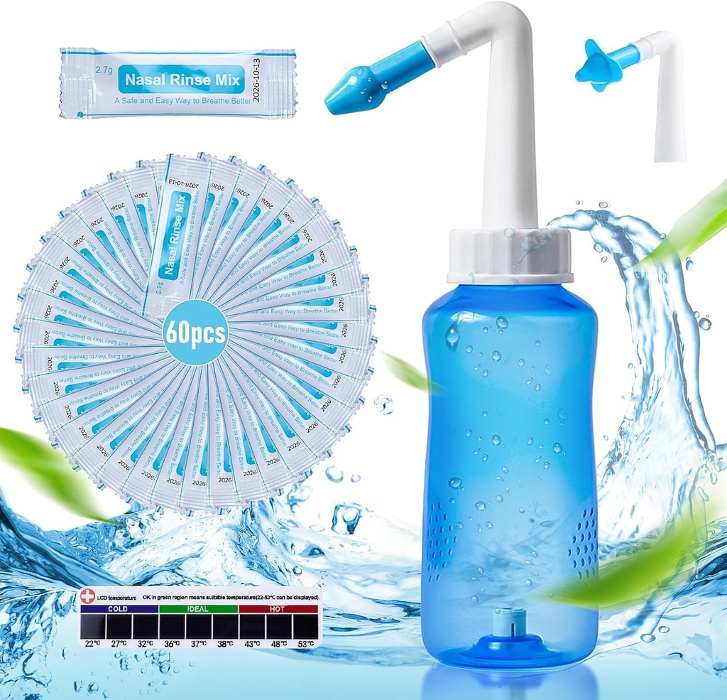 Neti Pot Sinus Rinse Bottle Nose Wash Cleaner Pressure Rinse Nasal Irrigation with 60 Nasal Wash Saline Packets & 300 ML Neti Bottle Refill Kit Idea and Sticker Thermometer for Adult & Kid (블루)