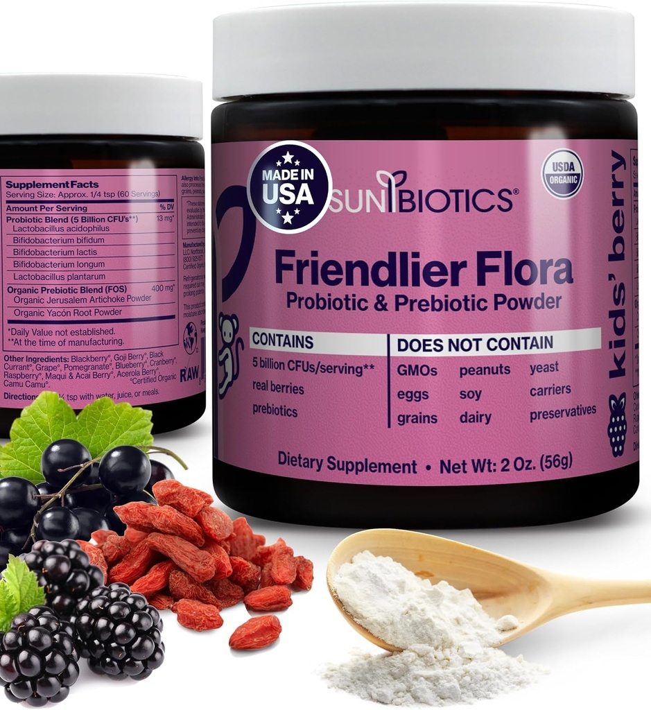 SUNBIOTICS Friendlier Flora - 아이 프리 바이오 틱 및 프로 바이오 틱 파우더 보충 5 좋은 Gut Flora, 면역 시스템, & 밸런스 마이크로 바이옴 - Berry, 2 오닉스